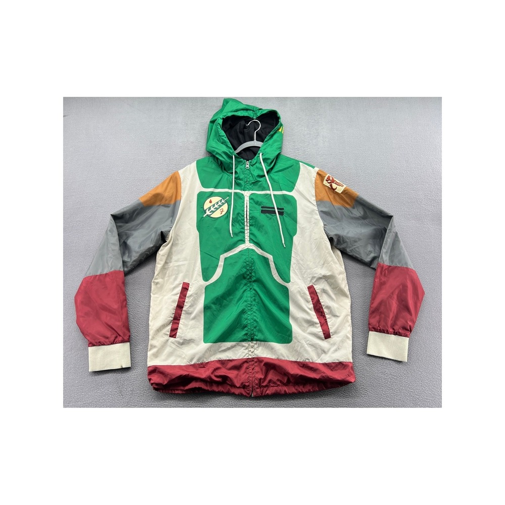 Star Wars Boba Fett Windbreaker Jacket Mens XL Hooded Mandalorian Armor Green